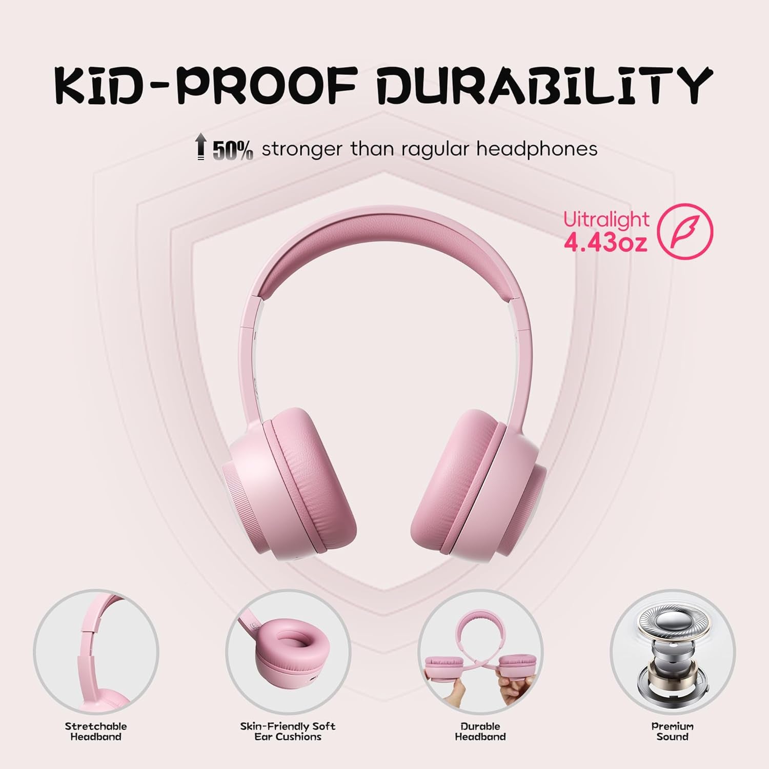 Kids Bluetooth Headphones, Bluetooth 5.3, Toddler Headphones 85 Dba Safe Volume, 45H Play Time, with Microphone, Kids Wireless Headset for Ipad/Tablet/Travel/School, Ldeal Gift (Pink)