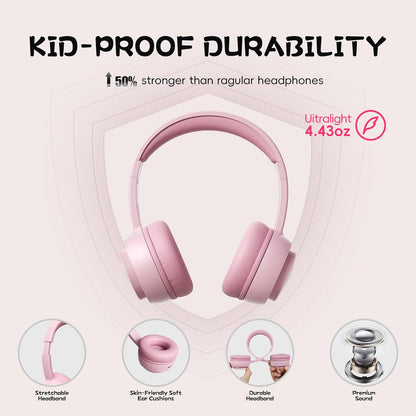 Kids Bluetooth Headphones, Bluetooth 5.3, Toddler Headphones 85 Dba Safe Volume, 45H Play Time, with Microphone, Kids Wireless Headset for Ipad/Tablet/Travel/School, Ldeal Gift (Pink)