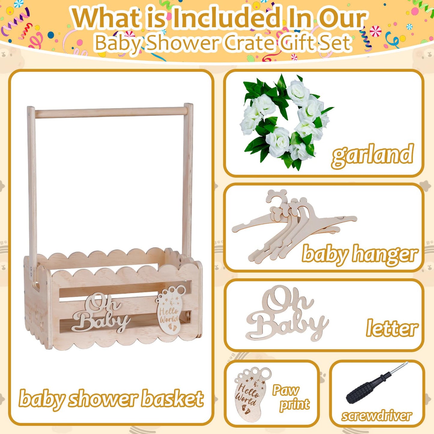 Wooden Baby Shower Crate Closet with Handle,Storage Basket,Baby Clothes Hangers, Newborn Boy Girl Welcome Gift Basket