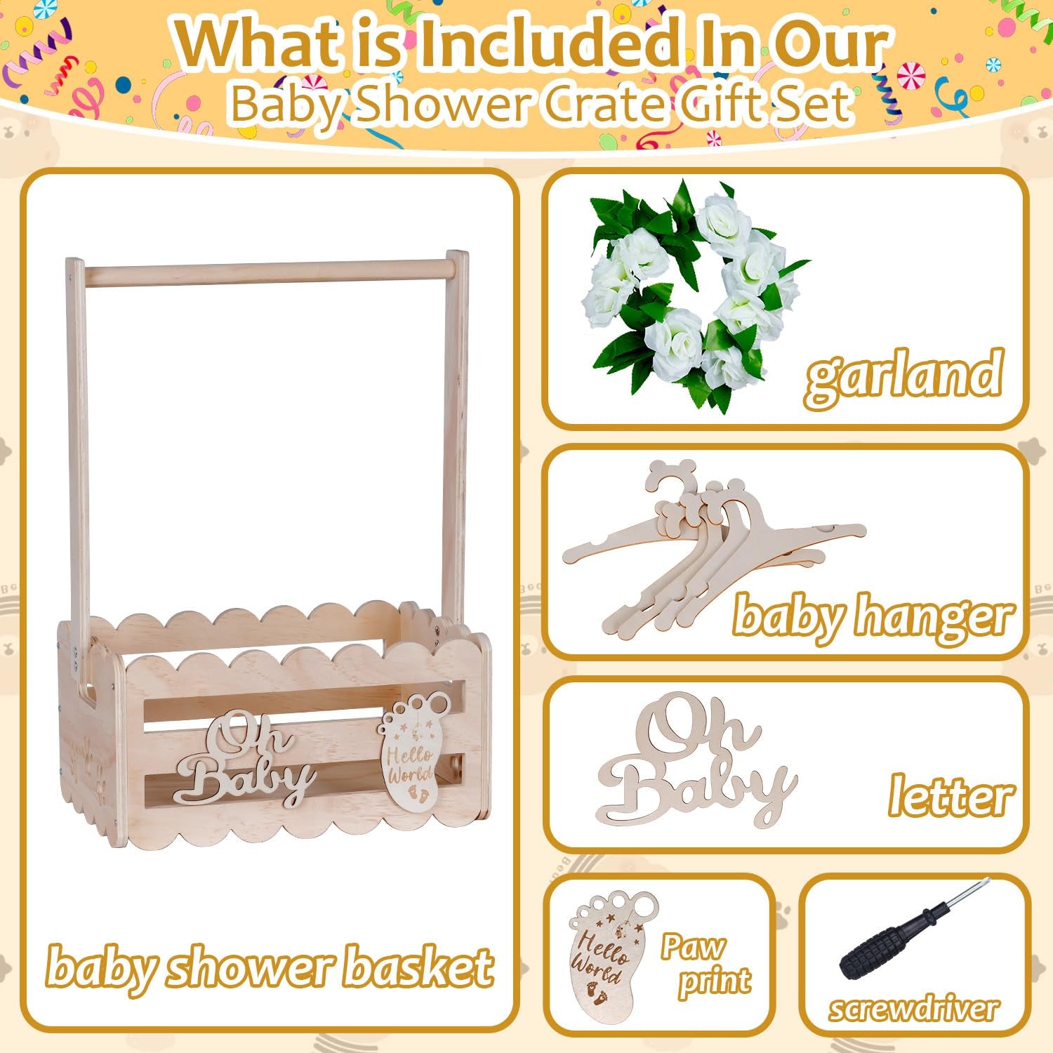 Wooden Baby Shower Crate Closet with Handle,Storage Basket,Baby Clothes Hangers, Newborn Boy Girl Welcome Gift Basket