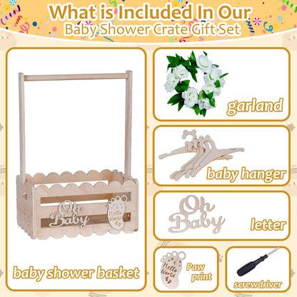 Wooden Baby Shower Crate Closet with Handle,Storage Basket,Baby Clothes Hangers, Newborn Boy Girl Welcome Gift Basket