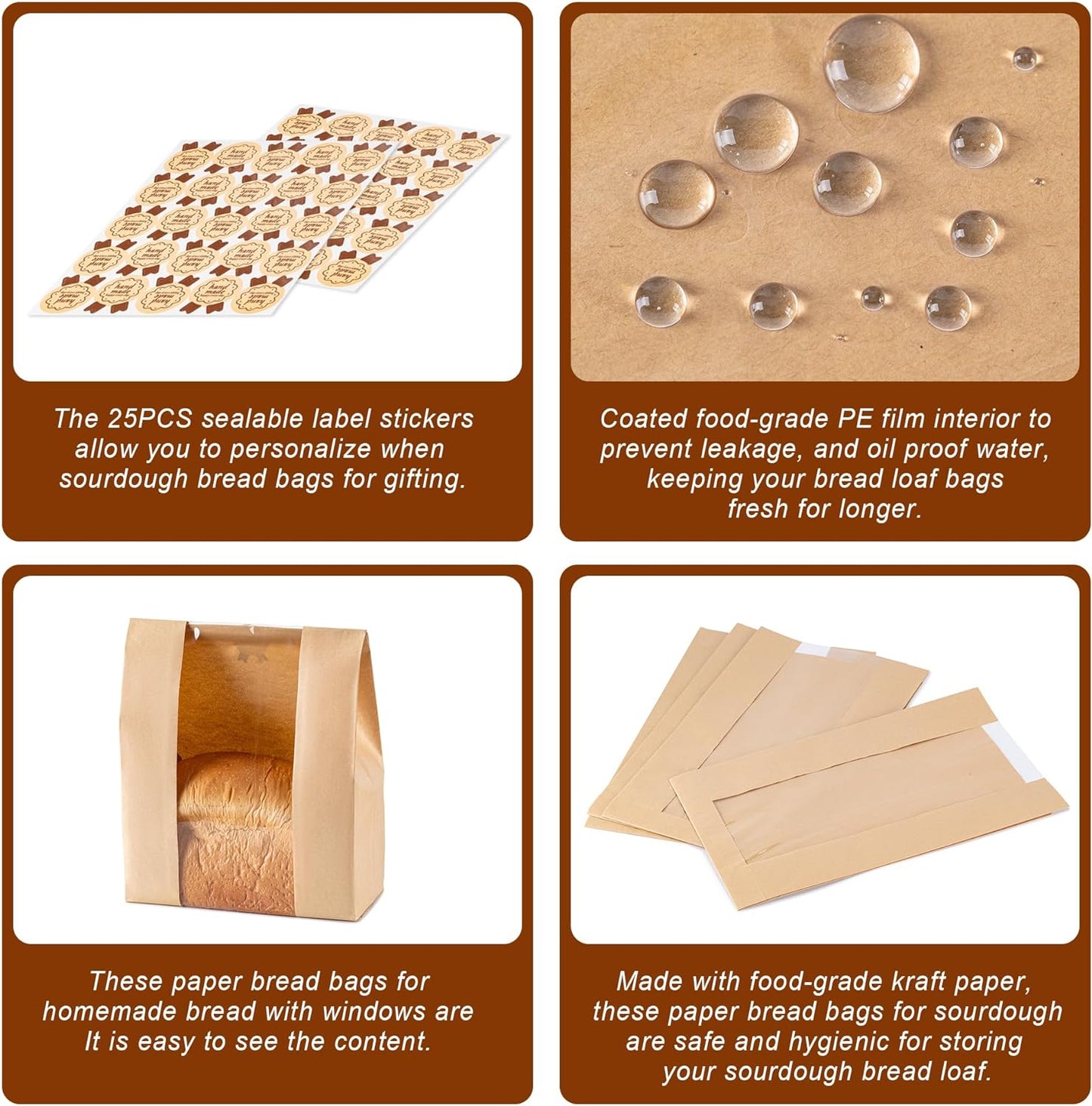 Paper Bread Bags 25PCS, Sourdough Bread Bags for Homemade Bread, Large Bakery Bags with Window Includes 25PCS Label Seal Stickers for Homemade Bread Storage(13.7X8.3X3.5 Inch)