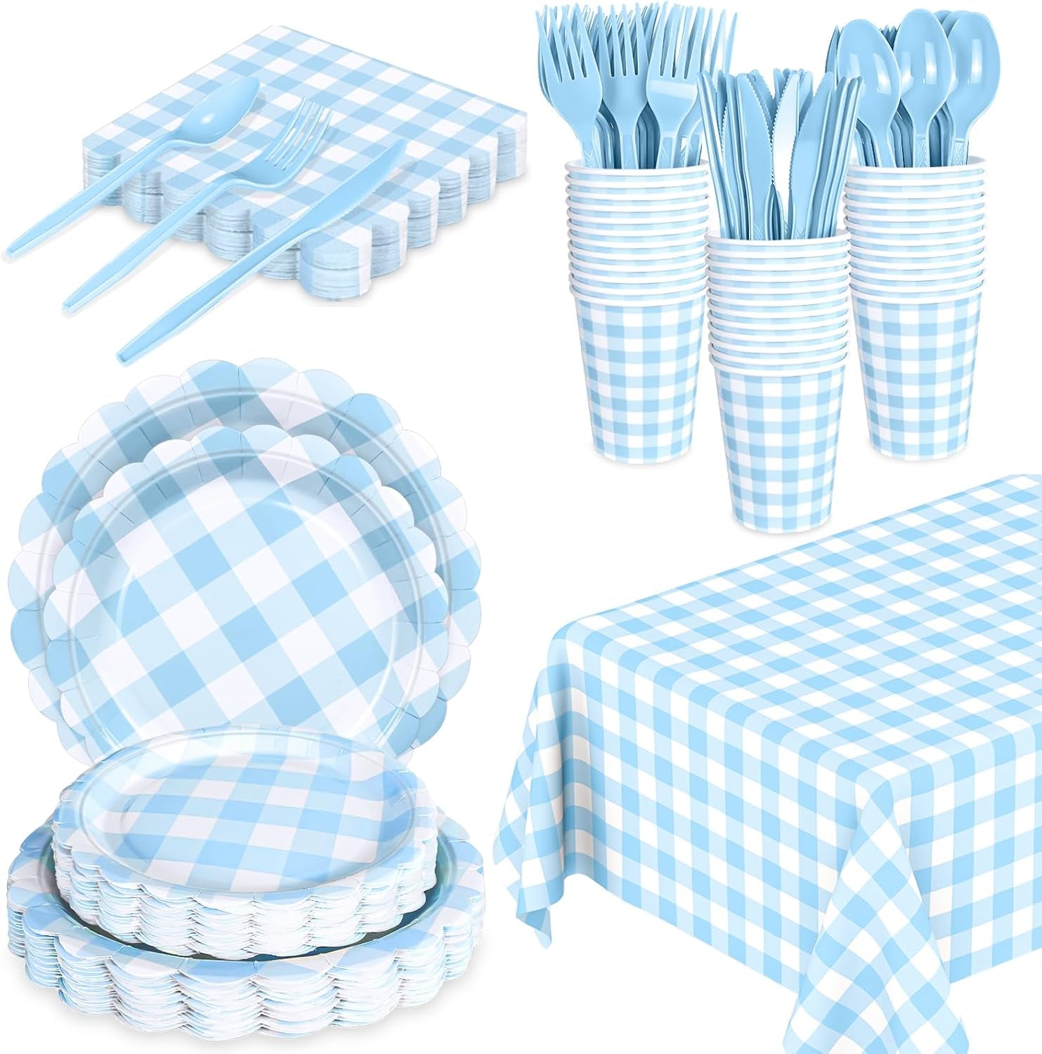 Blue Gingham Scalloped Plates and Napkins Party Supplies, Blue and White Checkered Plates Sets Serve 25 Guests, 175 Pcs Gingham Paper Plate for Birthday Dinner Wedding Baby Shower Party Decorations