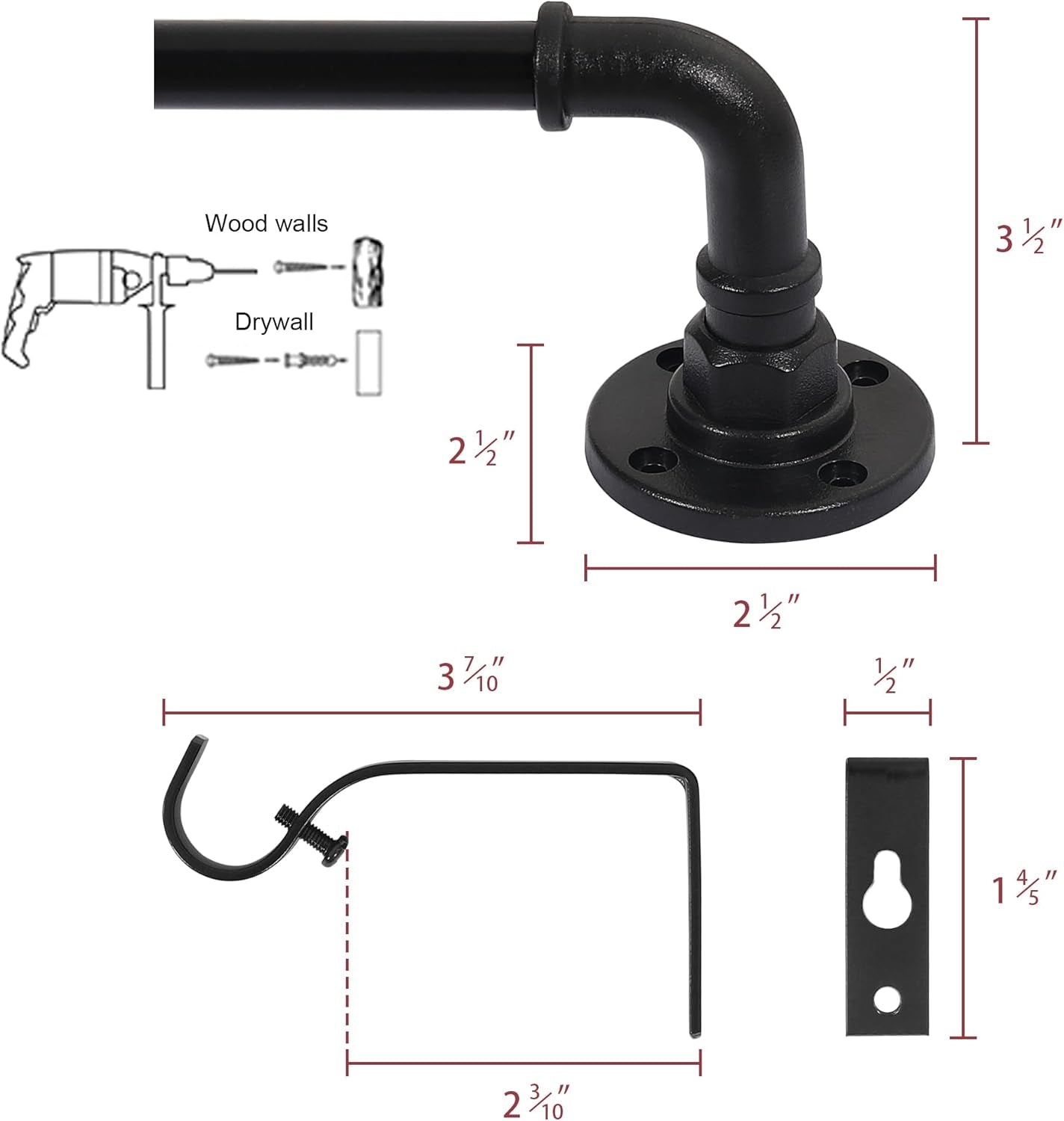 Wrap around Curtain Rods for Windows 16.2 to 75 Inch, 3/4 Inch Diameter Industrial Telescoping Curtain Rod, Splicing Adjustable Window Rods for Indoor/Outdoor, Black