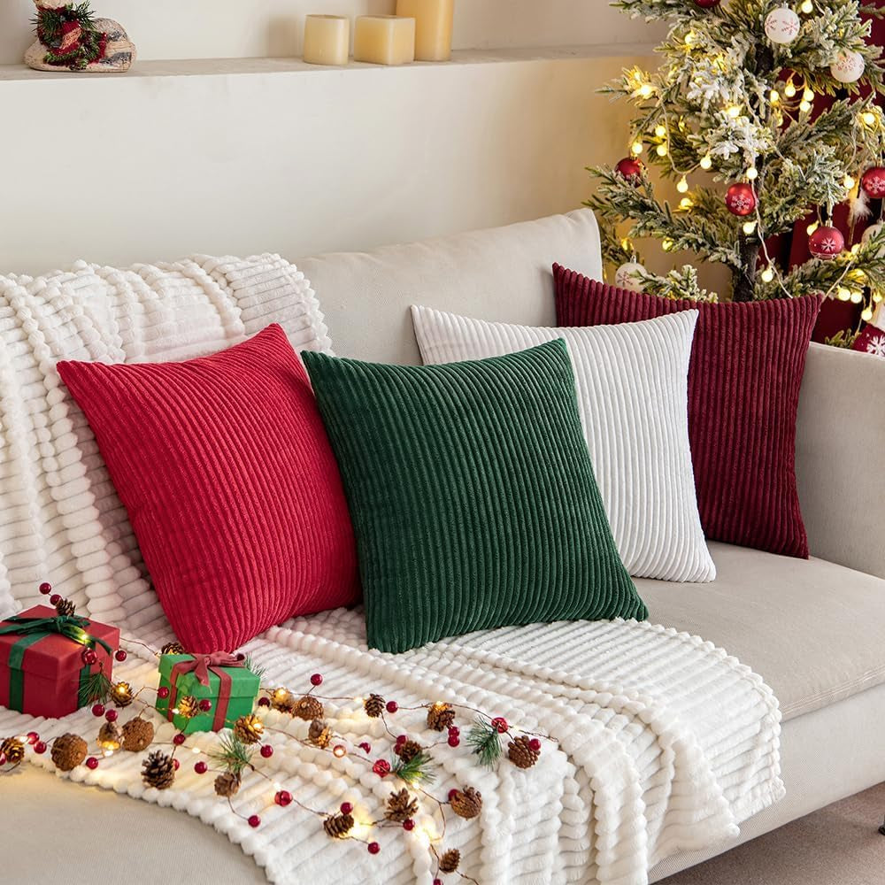 Winter Pack of 2 Corduroy Soft Soild Decorative Square Christmas Throw Pillow Covers Cushion Cases Pillow Cases for Couch Sofa Bedroom Car 18 X 18 Inch 45 X 45 Cm Burgundy