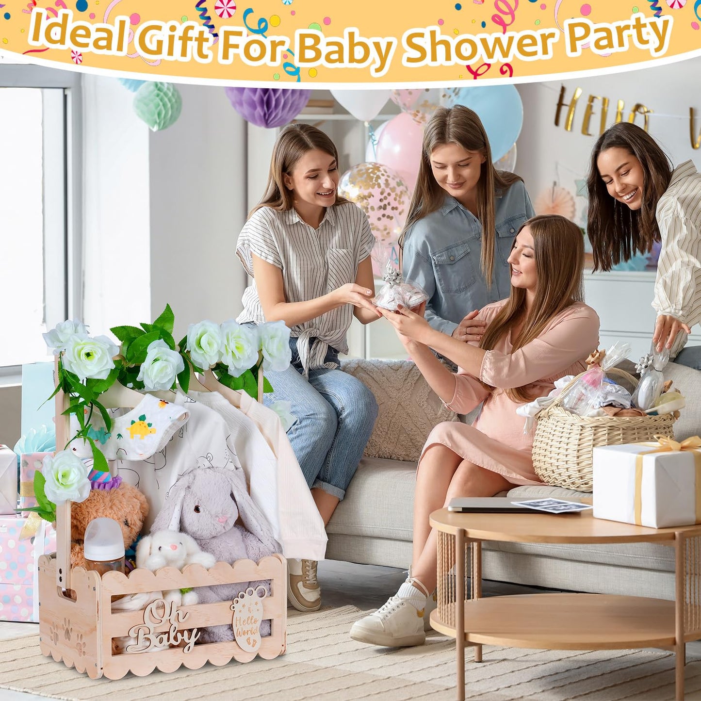 Wooden Baby Shower Crate Closet with Handle,Storage Basket,Baby Clothes Hangers, Newborn Boy Girl Welcome Gift Basket