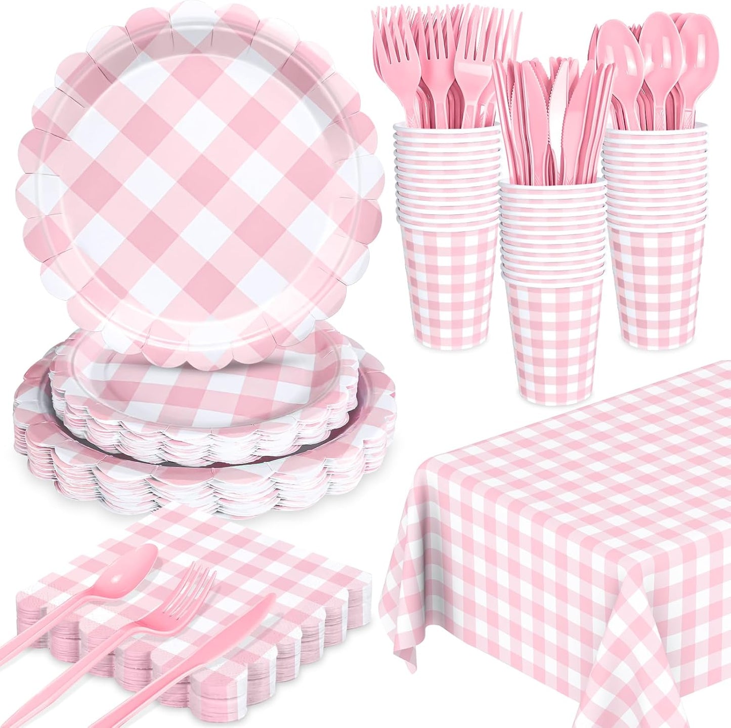 176 PCS Pink and White Gingham Plates and Napkins, Light Pink Checkered Disposable Plates Set with Napkins Cups Plastic Spoons Forks Knives for Birthday Baby Shower Wedding Supplies Serve 25 Guests