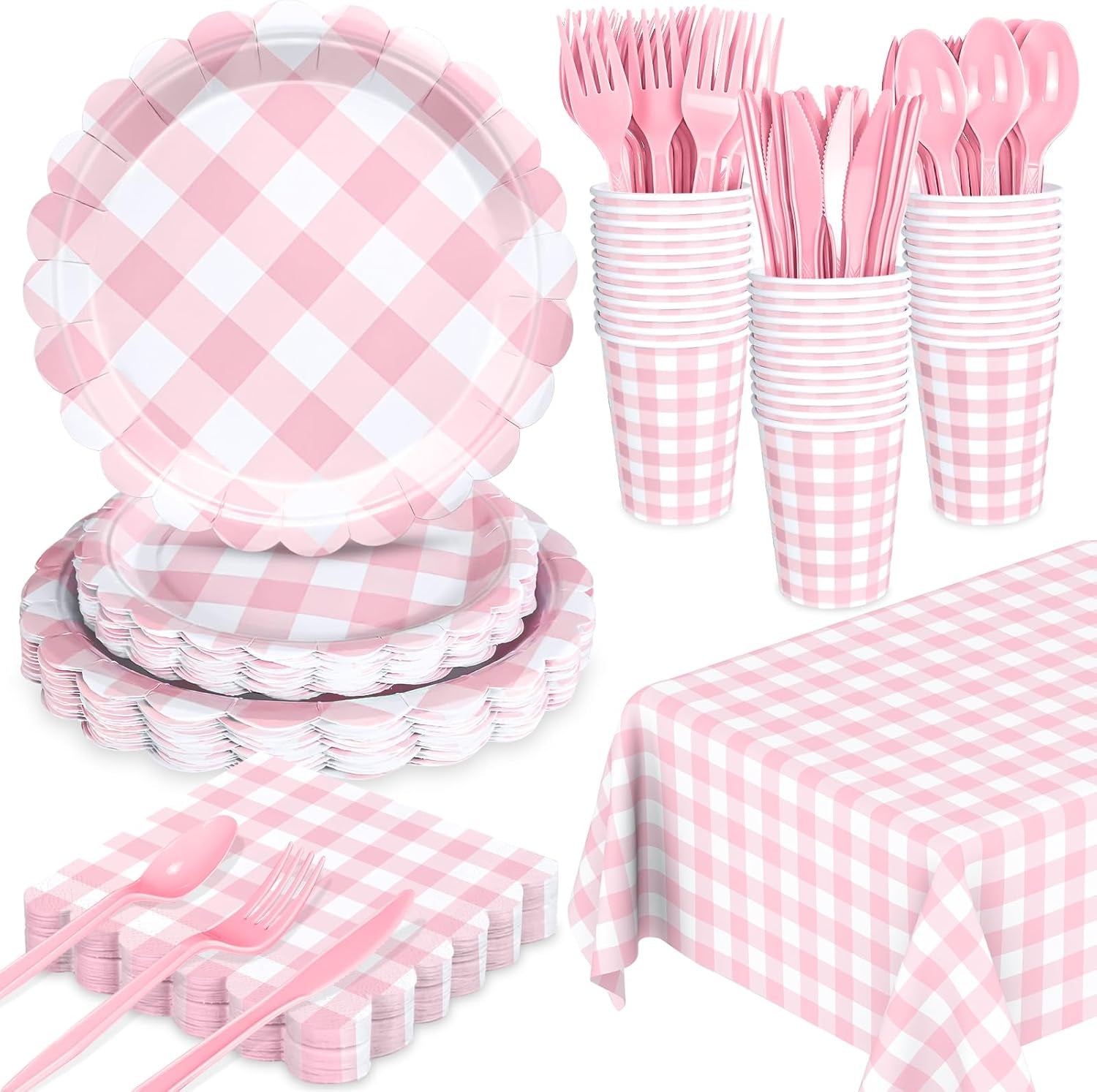 176 PCS Pink and White Gingham Plates and Napkins, Light Pink Checkered Disposable Plates Set with Napkins Cups Plastic Spoons Forks Knives for Birthday Baby Shower Wedding Supplies Serve 25 Guests