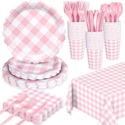 176 PCS Pink and White Gingham Plates and Napkins, Light Pink Checkered Disposable Plates Set with Napkins Cups Plastic Spoons Forks Knives for Birthday Baby Shower Wedding Supplies Serve 25 Guests