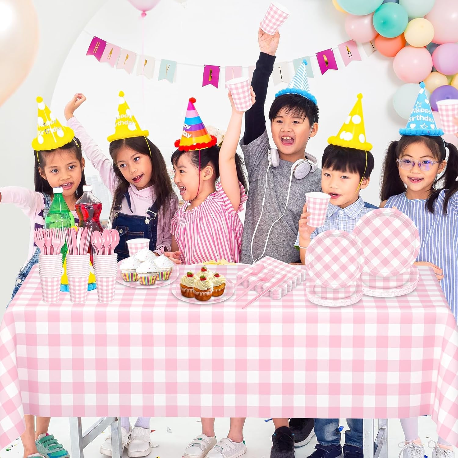 176 PCS Light Pink Gingham round Plates and Napkins, Pink Checkered Disposable Plates Set with Napkins Cups Plastic Spoons Forks Knives for Dinner Birthday Baby Shower Wedding Supplies Serve 25 Guests