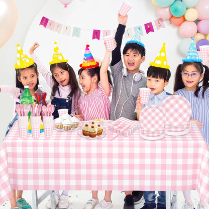 176 PCS Light Pink Gingham round Plates and Napkins, Pink Checkered Disposable Plates Set with Napkins Cups Plastic Spoons Forks Knives for Dinner Birthday Baby Shower Wedding Supplies Serve 25 Guests