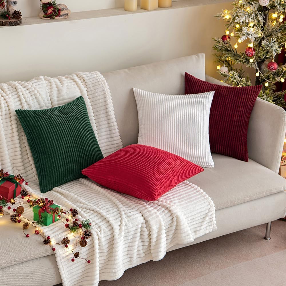 Winter Pack of 2 Corduroy Soft Soild Decorative Square Christmas Throw Pillow Covers Cushion Cases Pillow Cases for Couch Sofa Bedroom Car 18 X 18 Inch 45 X 45 Cm Burgundy