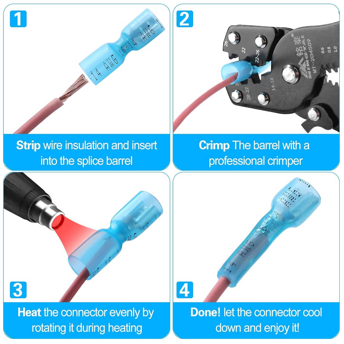 100 PCS 16-14 AWG Waterproof Heat Shrink Quick Disconnect Connectors, Crimp Electrical Wire Female Spade Connectors Insulated Disconnect for Marine Automotive Motorcycle Home Wiring (Blue)