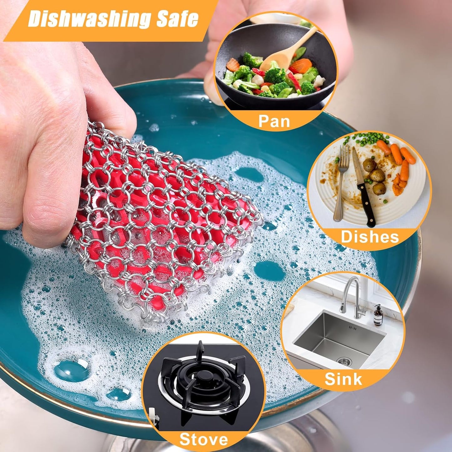 5 Pieces Cast Iron Cleaner Kit Include Stainless Steel Chainmail Scrubber, Dish Scrub Brush, Dual Sided Kitchen Dish Scrubber Sponge, Hot Handle Holder for Cleaning Cast Iron Skillets, Pot & Pans