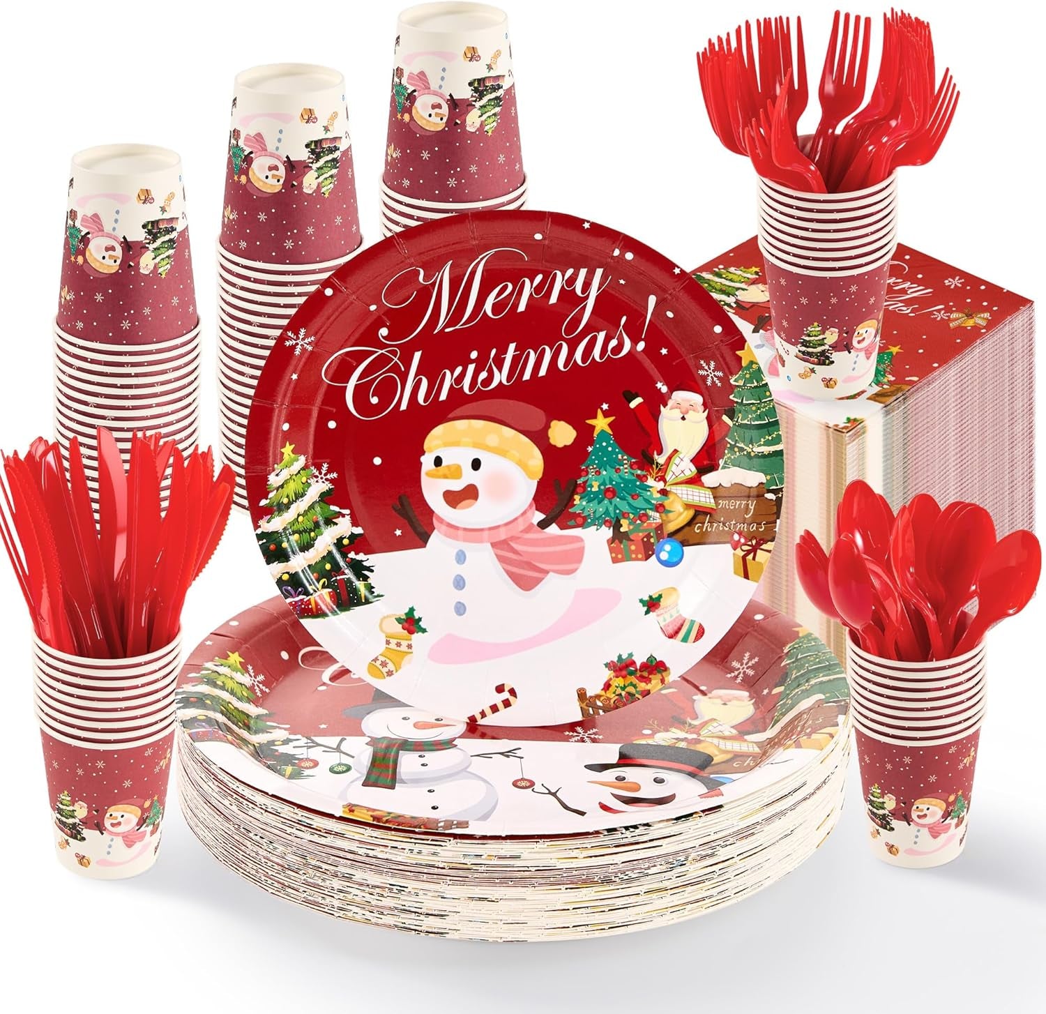 Christmas Paper Plates Set, 350 PCS Santa Gifts and Snowman Party Supplies, Disposable Dinnerware Set for 50 Guests, Paper Plates Napkins Cups for Christmas Eve