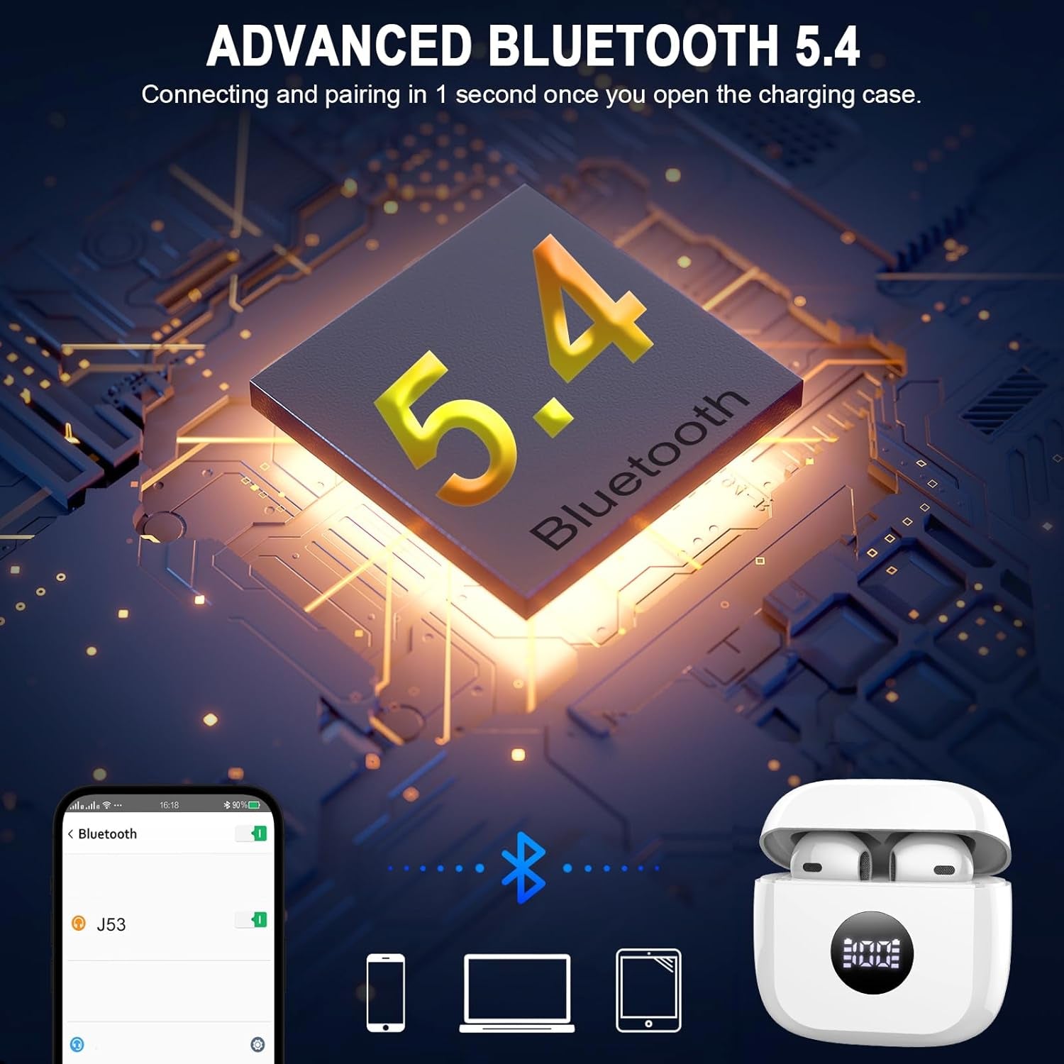 Wireless Earbuds, Bluetooth 5.4 Headphones Hifi Stereo, in Ear Ear Buds with 4 ENC Noise Cancelling Mics, 40H Playback Earphones with Mini Case, IP7 Waterproof Headset with LED Display