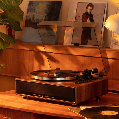 High Fidelity Belt Drive Turntable with Built-In Speakers, Vinyl Record Player with Magnetic Cartridge, Bluetooth Playback and Aux-In Functionality, Auto Off
