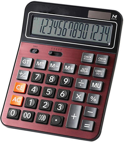Solar Battery Calculator Dual Power Large Standard Function Desktop Business Calculator with 14 Digit Large LCD Display Convenient for Office & Home KA06 Red