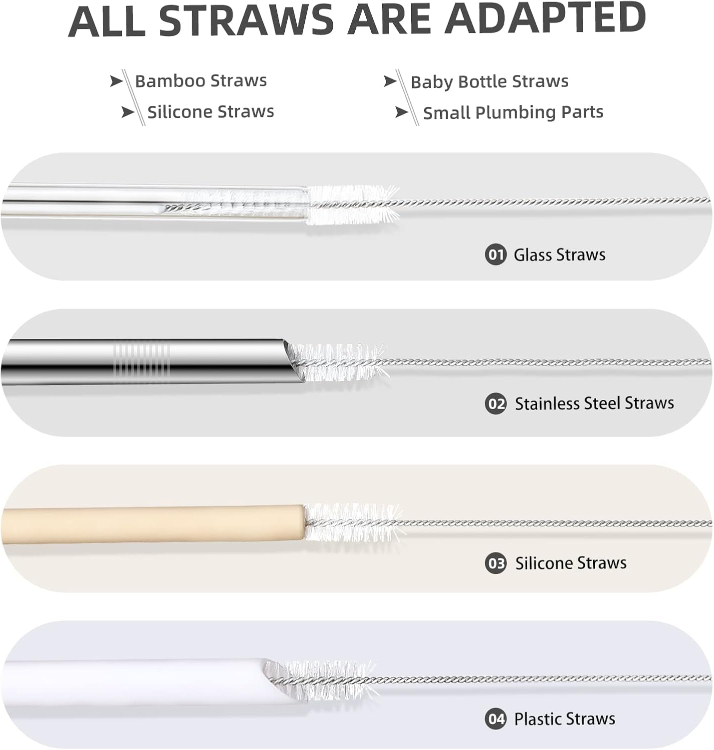 Straw Cleaner Brush Set, 8-Piece Long Cleaning Brush for Straws on Tumbler, Water Bottle, Sippy Cup, and Pipes, Tubes or Hummingbird Feeders