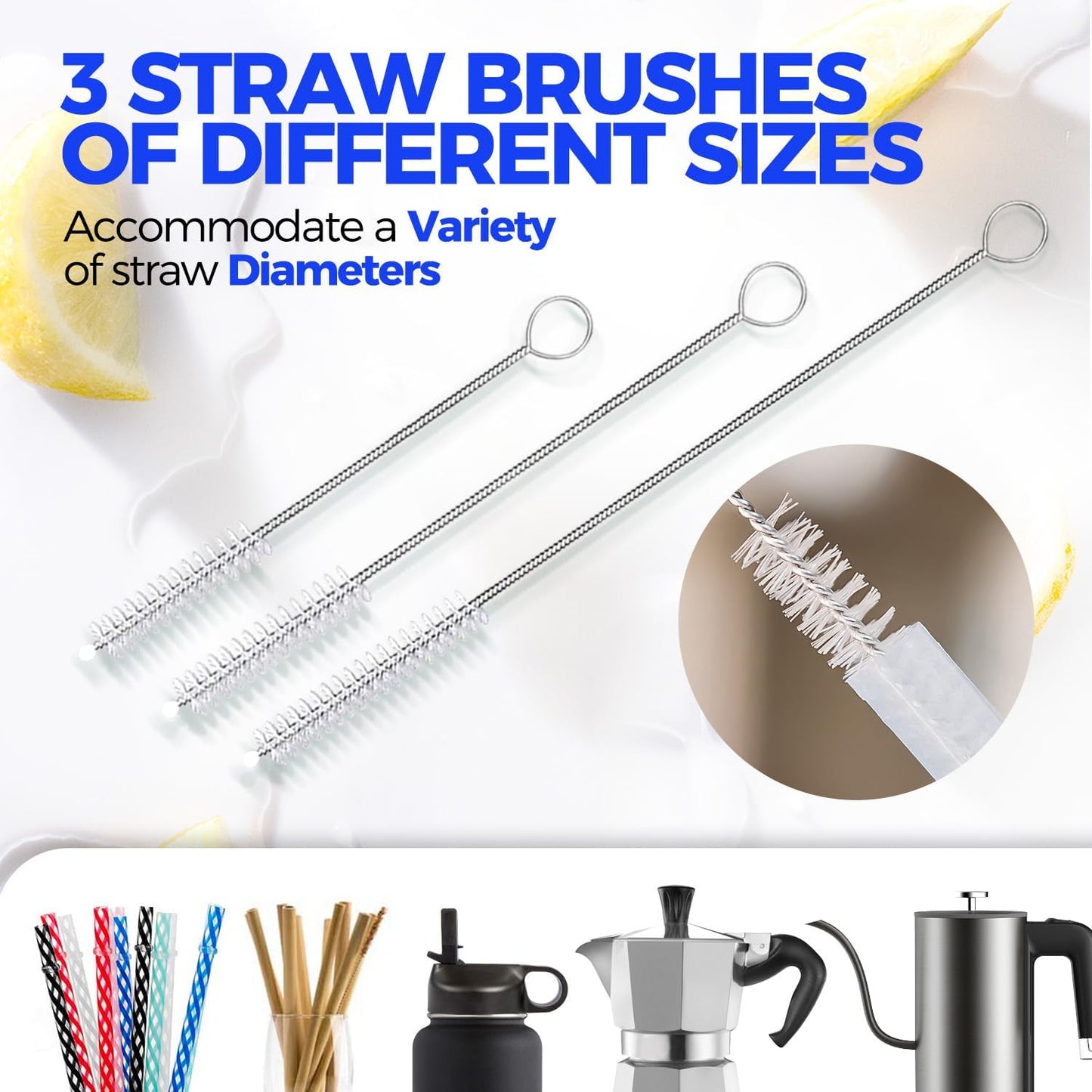 5 Pack Bottle Brush Cleaner Set, 14" Bamboo Handle Bottle Cleaner Brush, 3 Straw Brushes, Bottle Cleaning Brush for Water Bottle, Cups, Baby Bottle, Straws Grey White