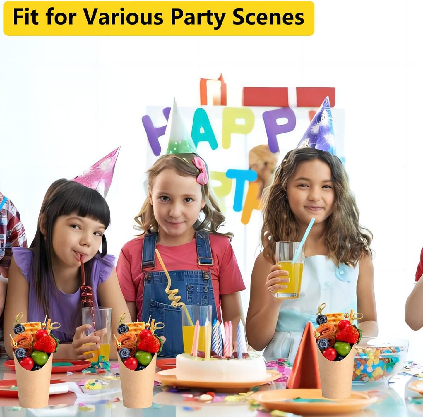 50 Pcs Charcuterie Cups with Skewers, 12 Oz Paper Snack Appetizer Cups with Cocktail Picks, French Fry Holder Brown Kraft , Disposable Popcorn Boxes Cones, Party Board Favor(50 Conecups + 200 Sticks)