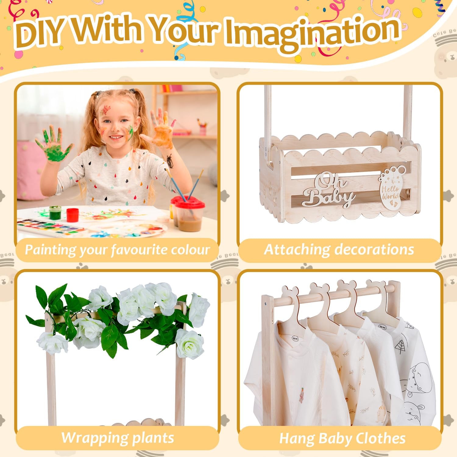 Wooden Baby Shower Crate Closet with Handle,Storage Basket,Baby Clothes Hangers, Newborn Boy Girl Welcome Gift Basket