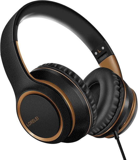 X8 Over-Ear Wired Headphones with Microphone with 1.45M-Tangle-Free Nylon Line&3.5Mm Plug,Lightweight Foldable & Portable Headphones for Smartphone,Tablet,Computer,Mp3/4(Black-Gold)