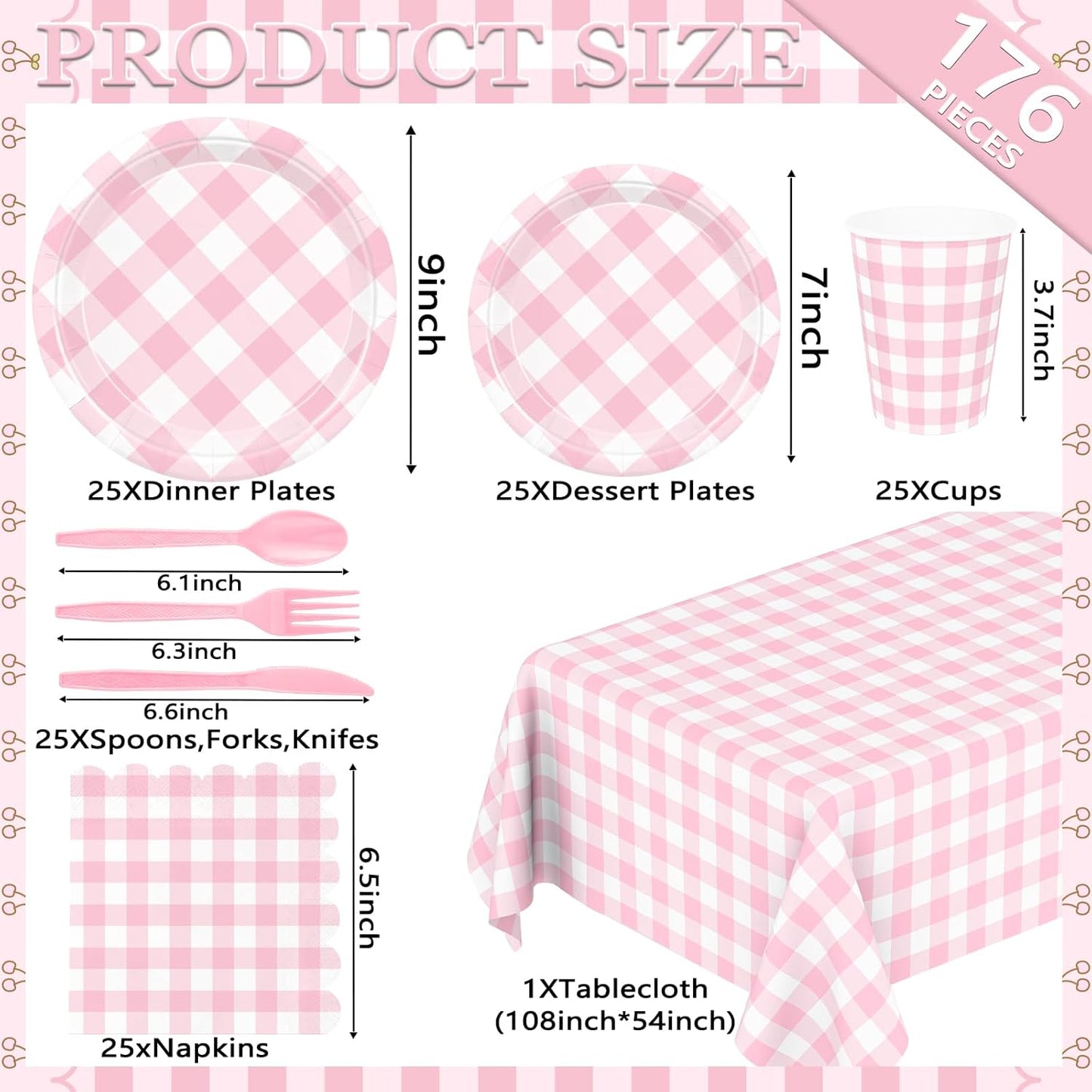 176 PCS Light Pink Gingham round Plates and Napkins, Pink Checkered Disposable Plates Set with Napkins Cups Plastic Spoons Forks Knives for Dinner Birthday Baby Shower Wedding Supplies Serve 25 Guests