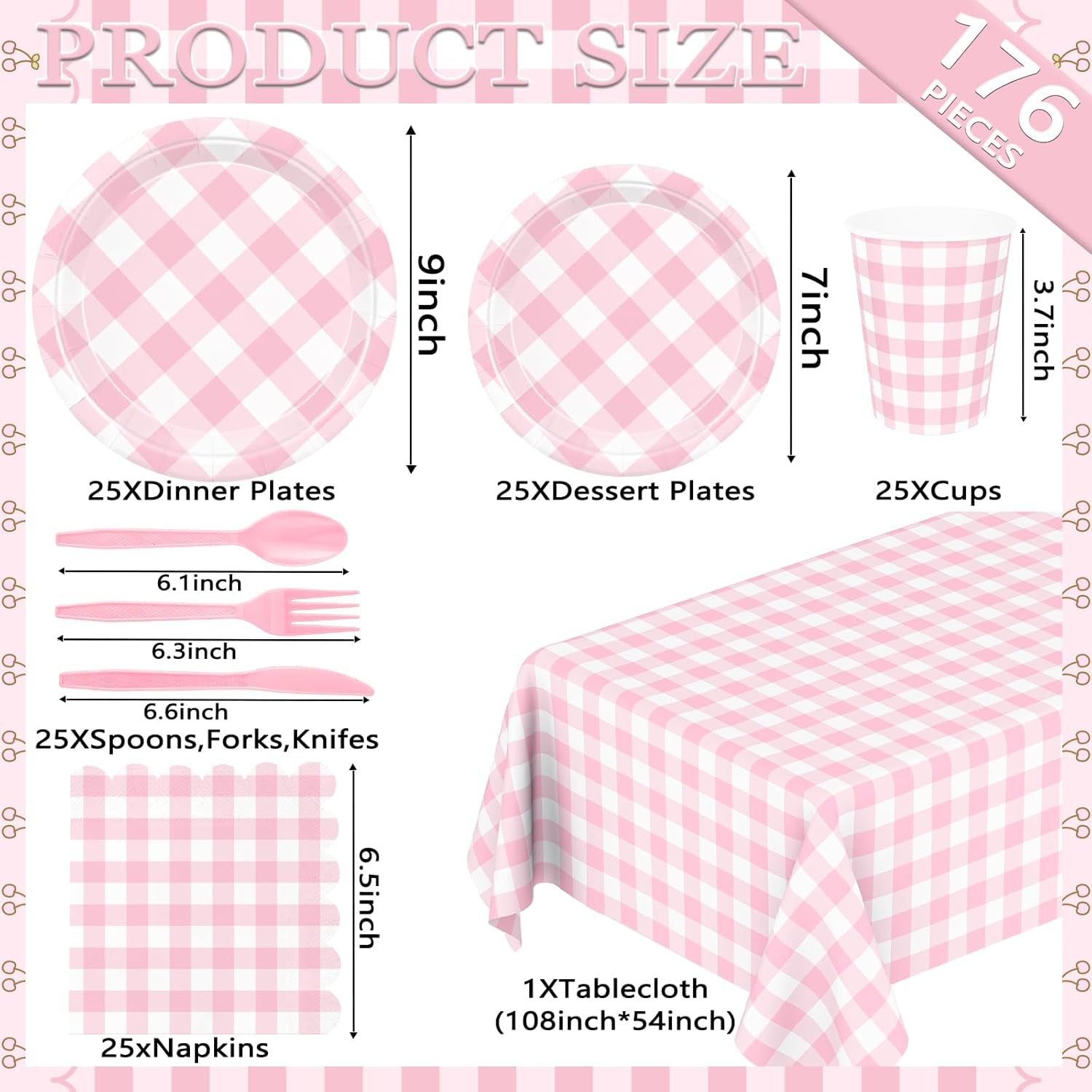 176 PCS Light Pink Gingham round Plates and Napkins, Pink Checkered Disposable Plates Set with Napkins Cups Plastic Spoons Forks Knives for Dinner Birthday Baby Shower Wedding Supplies Serve 25 Guests