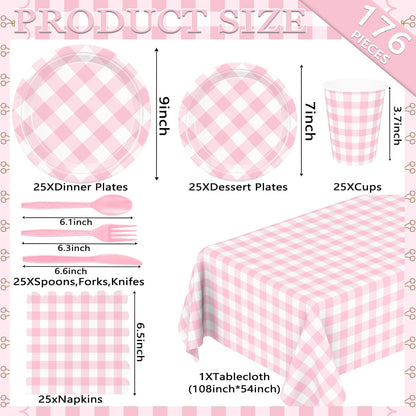 176 PCS Light Pink Gingham round Plates and Napkins, Pink Checkered Disposable Plates Set with Napkins Cups Plastic Spoons Forks Knives for Dinner Birthday Baby Shower Wedding Supplies Serve 25 Guests