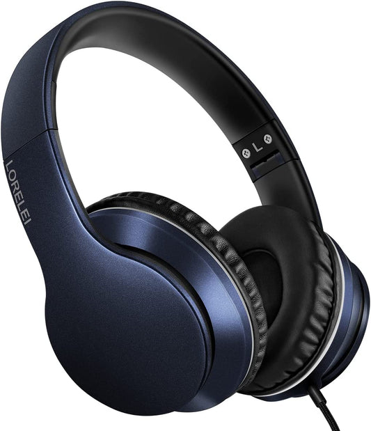 X6 Over-Ear Headphones with Microphone, Lightweight Foldable & Portable Stereo Bass Headphones with 1.45M No-Tangle, Wired Headphones for Smartphone Tablet MP3 / 4 (Dark Blue)