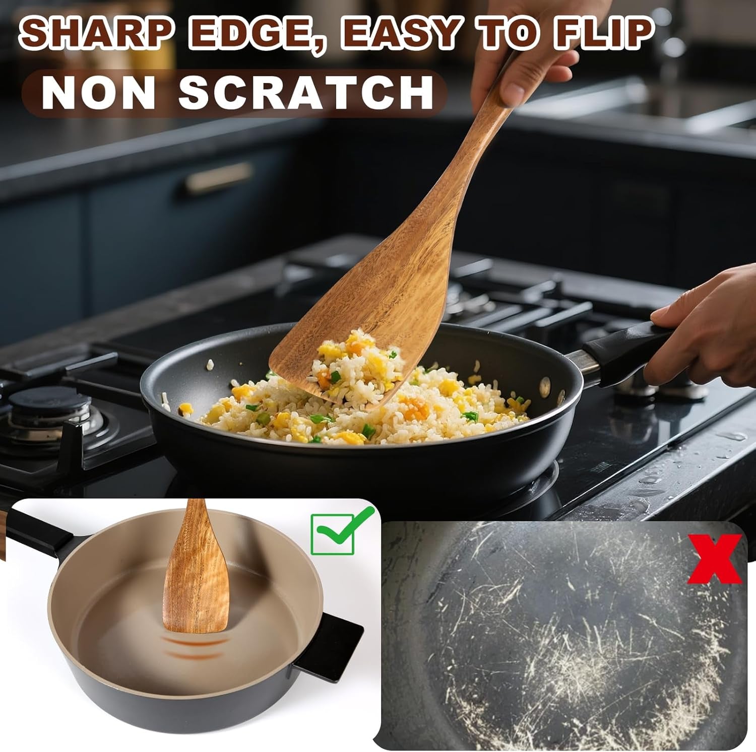 Wooden Spatulas, 2 Pcs Natural Acacia Wooden Cooking Utensils Set for Non-Stick Pan Kitchen Tool, Flipping and Wok Spatula, Wooden Spoons & Spurtle for Cooking