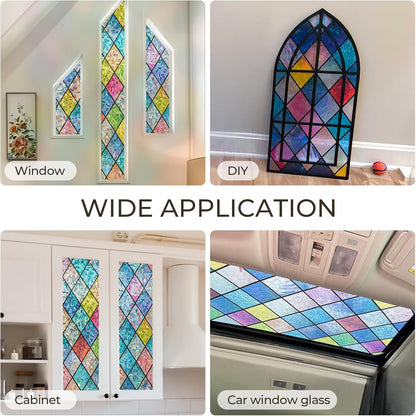 Window Privacy Film Stained Glass, Rainbow Window Film Decorative for Bathroom, Peel and Stick Window Cling Removable(Lattice,17.7 X 78.7 Inches)