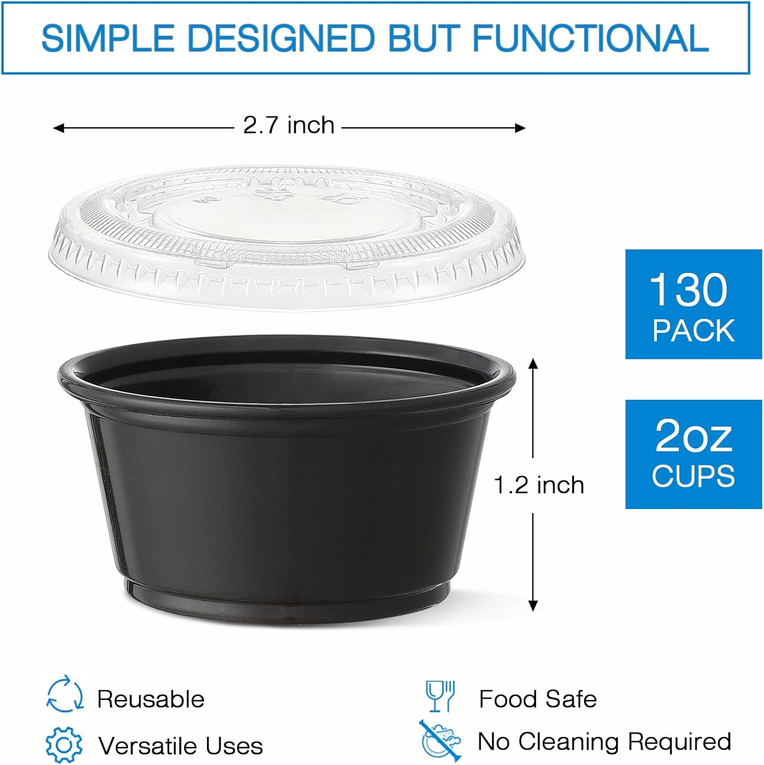 [130 Sets - 2 Oz ] Black Plastic Portion Cups, Jello Shot Cups, Small Plastic Containers with Lids, Airtight Salad Dressing Container, Dipping Sauce Cups, Condiment Cups for Lunch, Party to Go, Trips