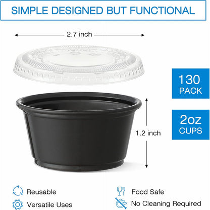 [130 Sets - 2 Oz ] Black Plastic Portion Cups, Jello Shot Cups, Small Plastic Containers with Lids, Airtight Salad Dressing Container, Dipping Sauce Cups, Condiment Cups for Lunch, Party to Go, Trips