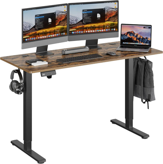 Height Adjustable Electric Standing Desk, 55 X 24 Inches Ergonomic Stand up Table, Sit Stand Home Office Desk with Splice Board, Black Frame/Rustic Brown Top(Rustic Brown, 55 Inches)