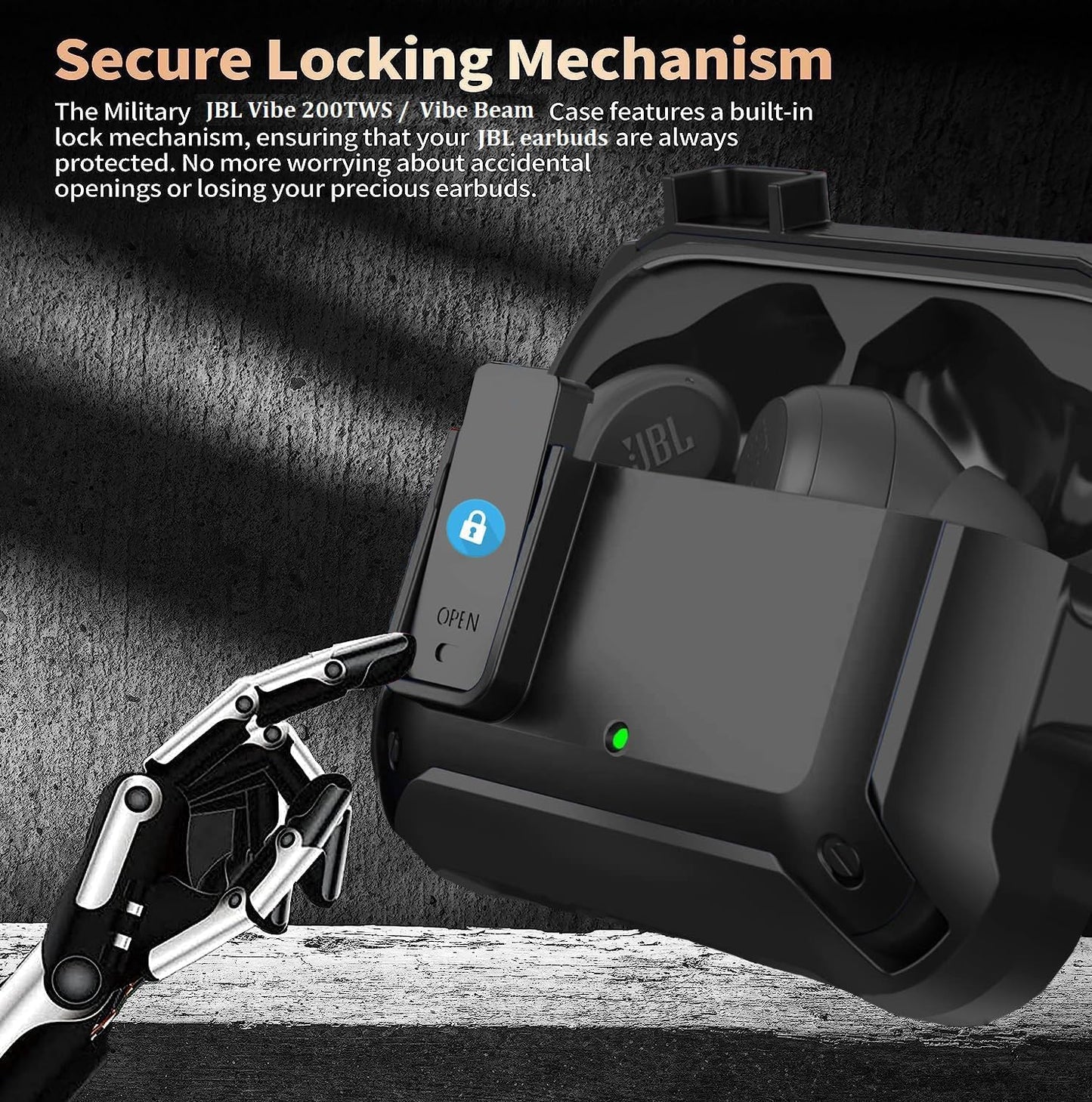 Compatible with JBL Vibe 200TWS/JBL Vibe Beam Case Cover Lock Clip with Cleaner Kit,Cool Protective Cover Men Women with Carabiner for JBL Vibe Beam 2 Charging Case - Black