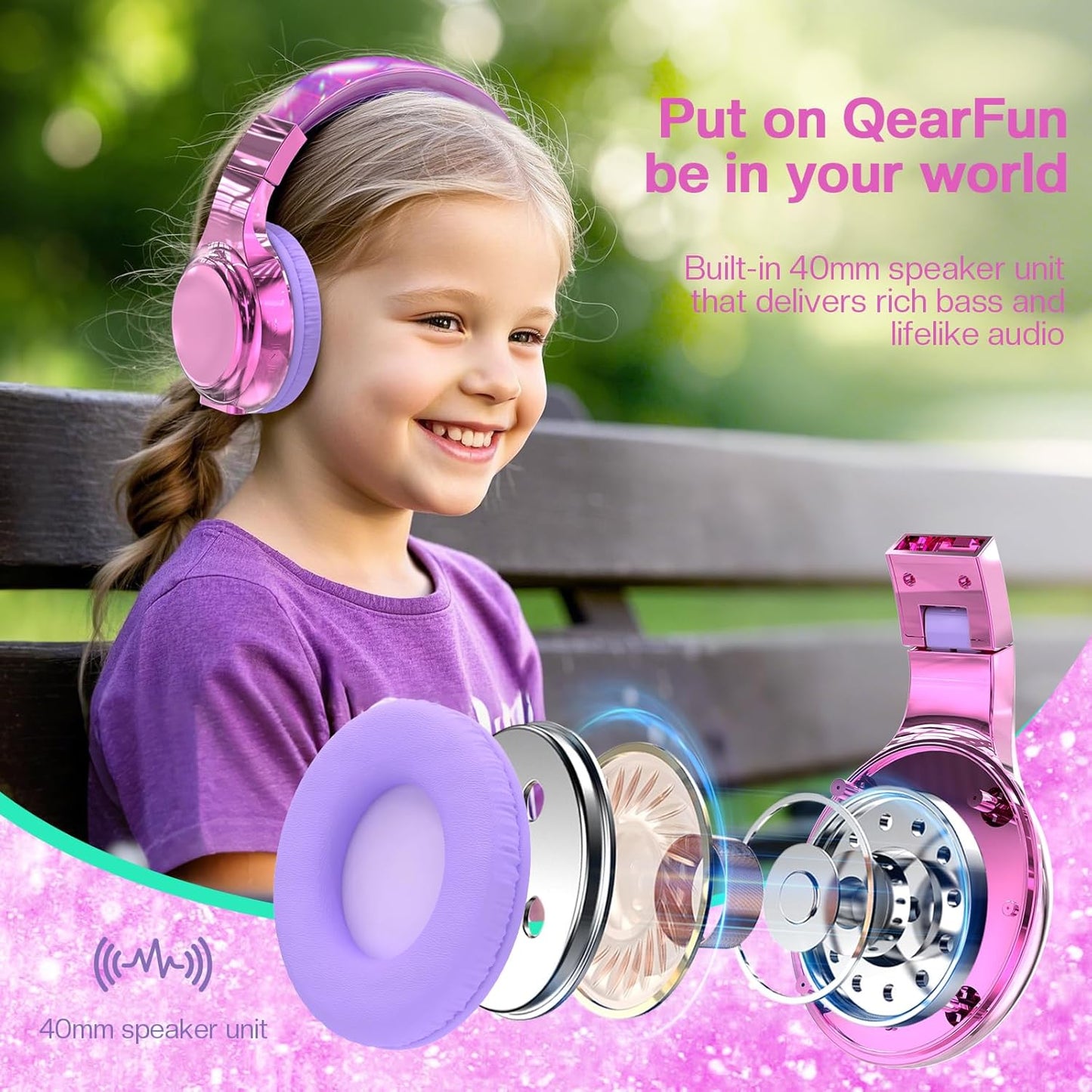 Kids Bluetooth 5.3 Headphones, Wireless Metallic Gradient Headset, Lightweight Foldable on Ear Headphones with Aux Cord, Fast Charging, Built-In Mic, for School/Travel/Tablet/Ipad
