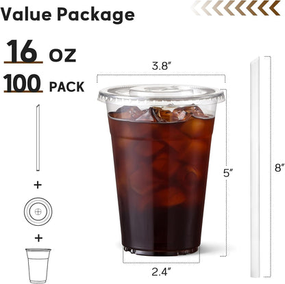 100 Pack - 16 Oz Clear Plastic Cups with Lids and Straws, Food Safe Disposable Iced Coffee Cups for Cold Beverages, Smoothies, Iced Coffee, Leak-Proof, Bpa-Free