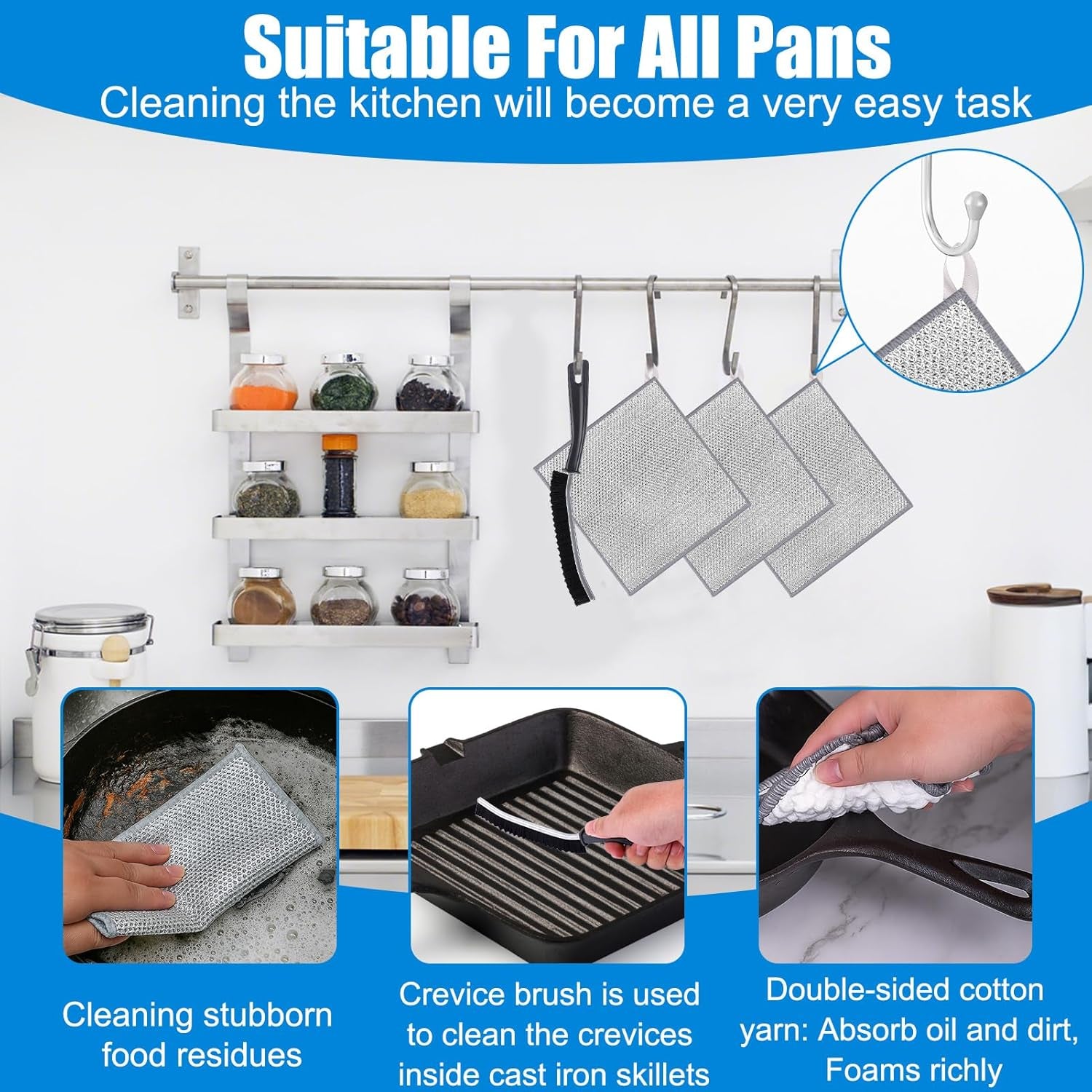 Cast Iron Scrubber Cleaner Kit, Metal Scrubber for Dishes, Skillet, Pots, Pan, Griddles, Reusable 3-Layer Non-Scratch Wire Dishcloth for Kitchen, Stove Top, Dishes and Sink