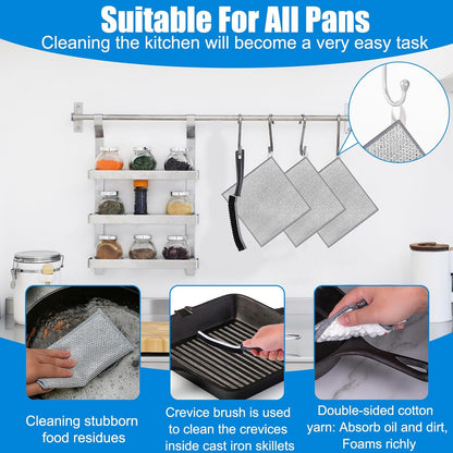 Cast Iron Scrubber Cleaner Kit, Metal Scrubber for Dishes, Skillet, Pots, Pan, Griddles, Reusable 3-Layer Non-Scratch Wire Dishcloth for Kitchen, Stove Top, Dishes and Sink