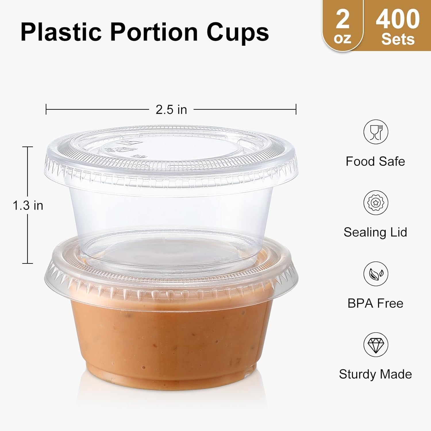 400 Set 2 Oz Jello Shot Cups with Lids, Stackable Food Safe Disposable Plastic Portion Condiment Dipping Sauce Cups, Small Containers for Salad Dressing