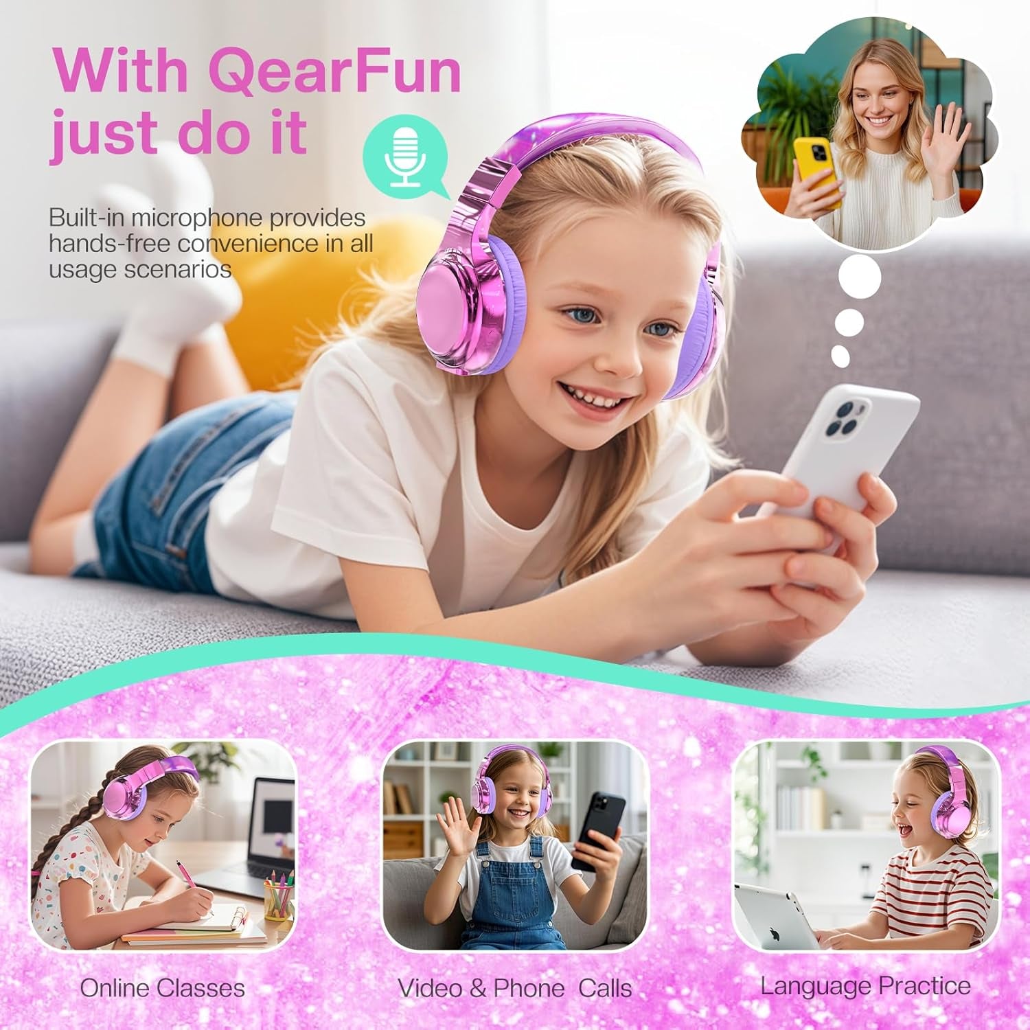 Kids Bluetooth 5.3 Headphones, Wireless Metallic Gradient Headset, Lightweight Foldable on Ear Headphones with Aux Cord, Fast Charging, Built-In Mic, for School/Travel/Tablet/Ipad