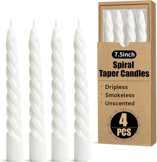 White Spiral Taper Candles 8 Inch 4 Pack, Dripless Smokeless Unscented Decorative Candles for Wedding, Dinner, Party, Prayer, Home Decor