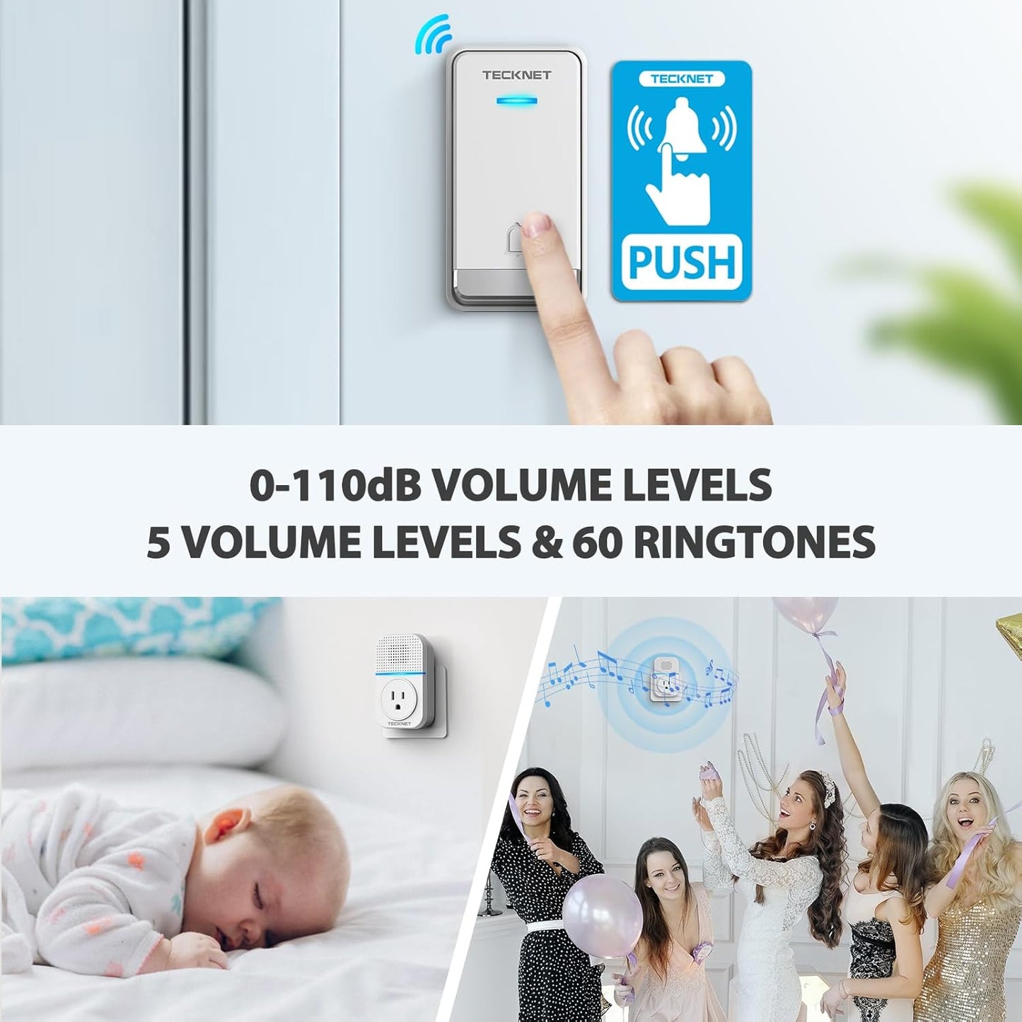 Wireless Doorbell, Self-Powered Doorbell, 0-110Db Plug-Through Wireless Doorbell Ringer for Homes Classroom, IP66 Waterproof 1300Ft Door Chime with Extra Socket, 60 Chimes, LED Light (White)