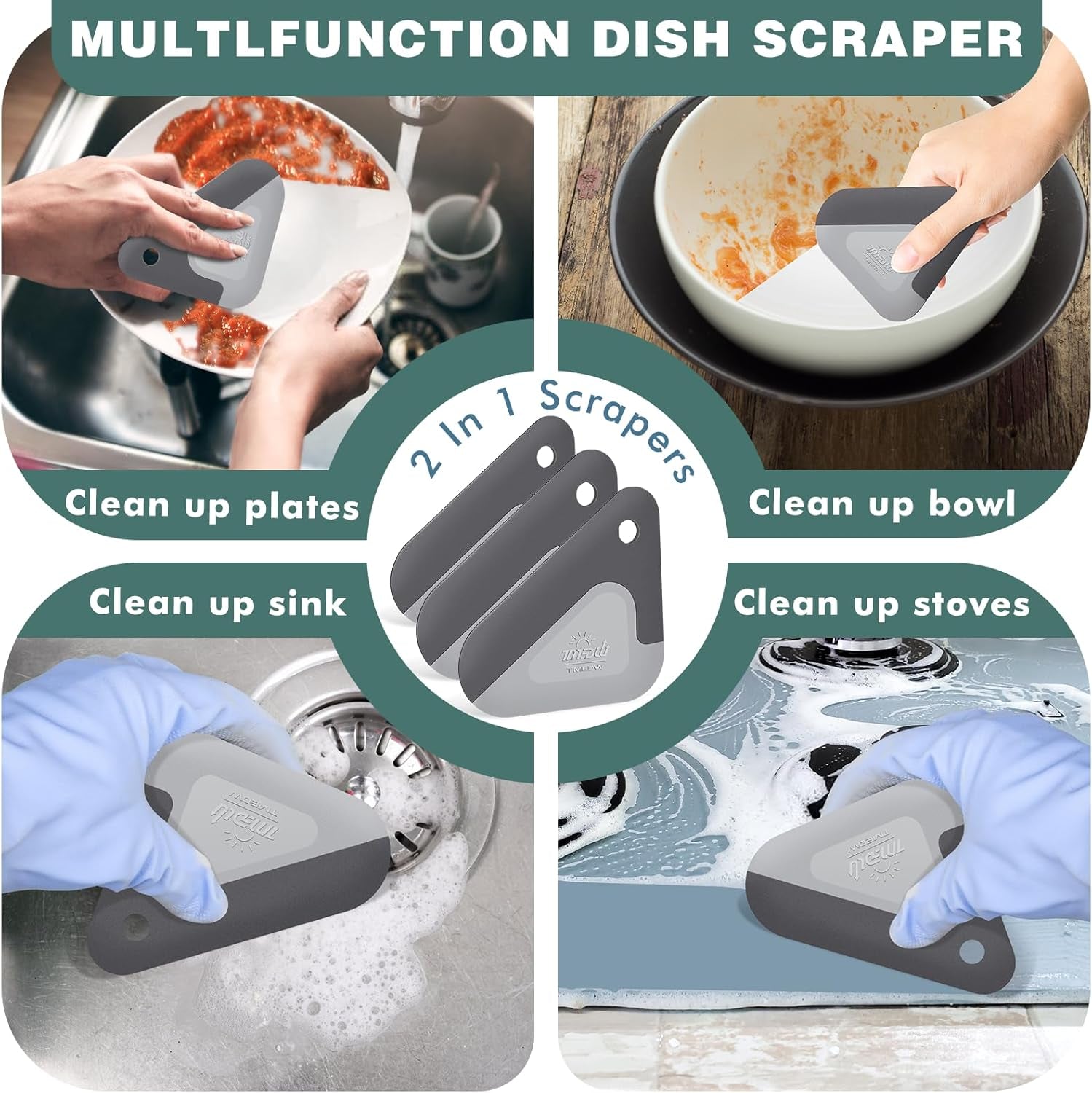 Food Scraper, 2-In-1 Pot and Pan Dish Scraper, Nylon and Silicone, Kitchen Scraper Tools for Cast Iron Skillets, Cookware, Dishes, Pans and Pots, Heat Resistant, Set of 3