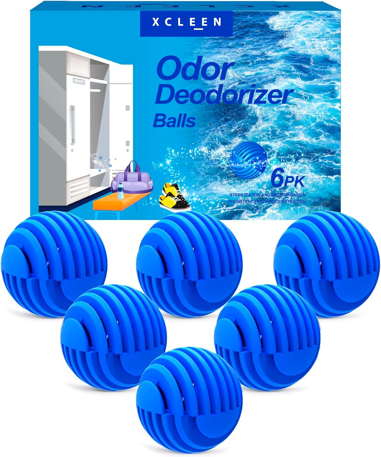 Sneaker Deodorizer Balls Ocean Scent 6 Pack, Odor Eliminator Balls for Closet Car Gym Bag, Long Lasting Small Space Air Freshener with Essential Oil