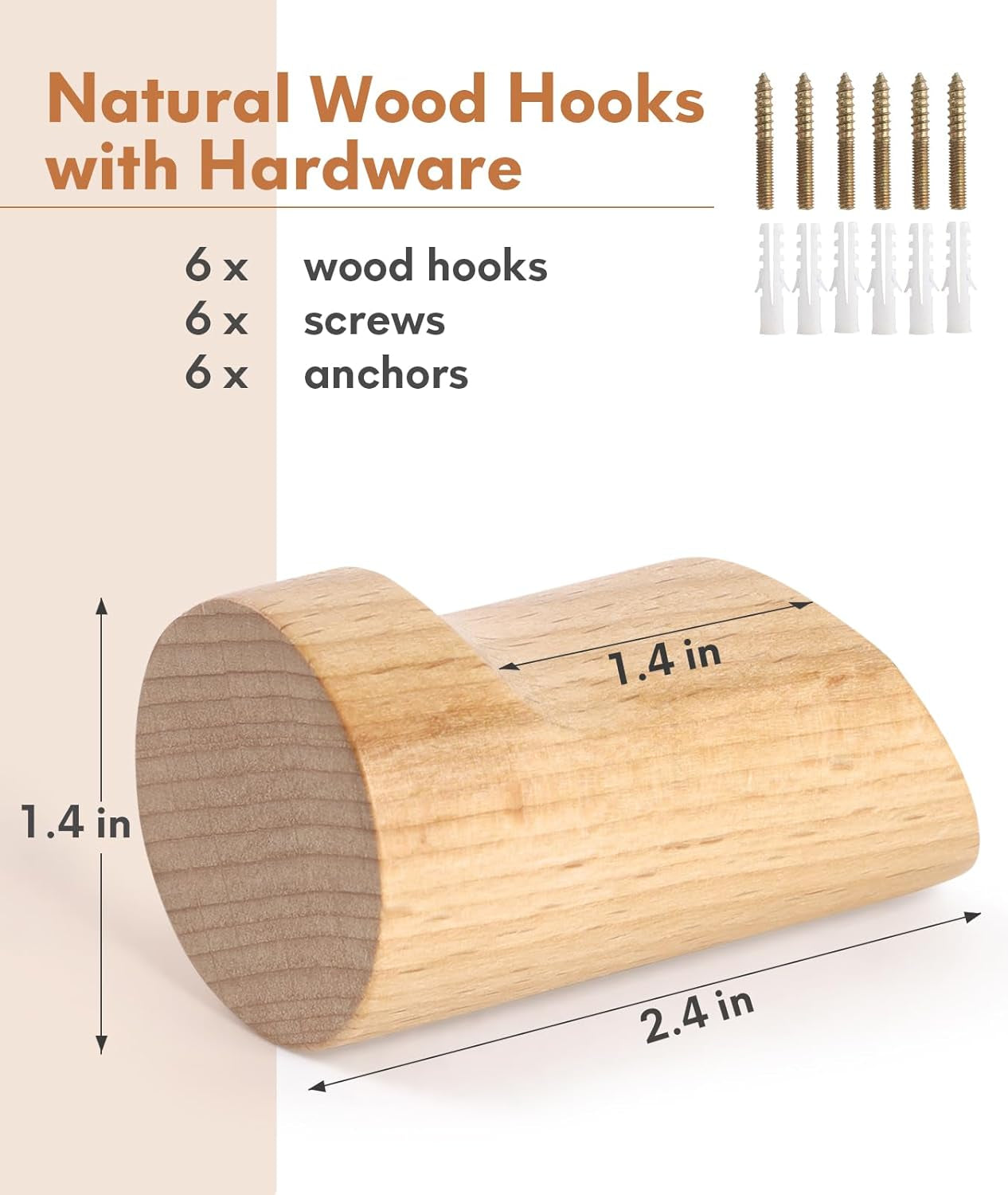 Wood Wall Hooks for Hanging, 4 Pack Hat Hook for Walls, Coat Hook Wall Mount, Backpack Hooks for Walls, Bathroom Towel Hanger (Natural)