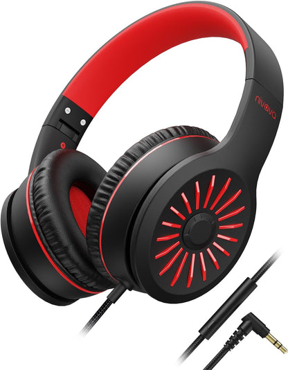 Wired Headphones with Microphone, K16 On-Ear Headphones for Kids with 3.5MM Jack, Foldable Stereo Bass Headset for Teens School Amazon Kindle, Chromebook, Tablet(Black Red)