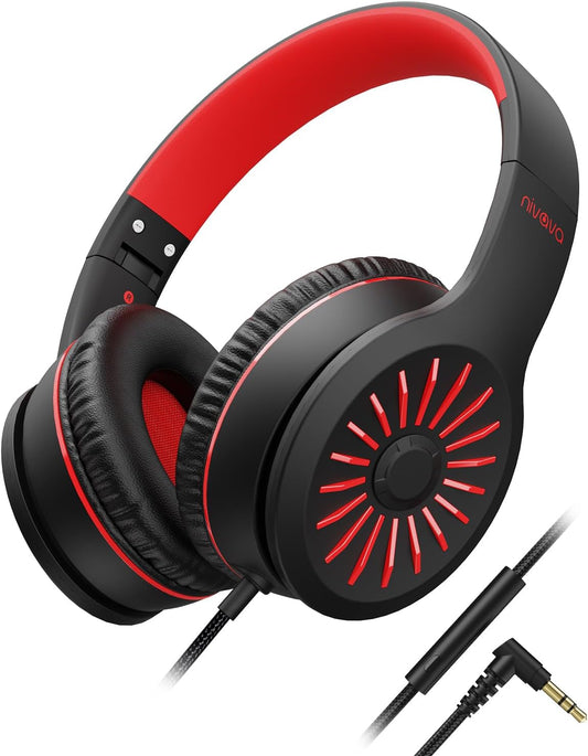 Wired Headphones with Microphone, K16 On-Ear Headphones for Kids with 3.5MM Jack, Foldable Stereo Bass Headset for Teens School Amazon Kindle, Chromebook, Tablet(Black Red)